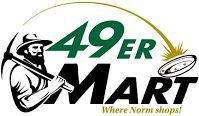 49er Mart logo with white male niner wearing a hat with a pick axe slung over his right shoulder. At the bottom of the logo is the text, "Where Norm shops!"
