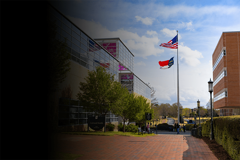 Campus beauty shot of Colvard building in the spring